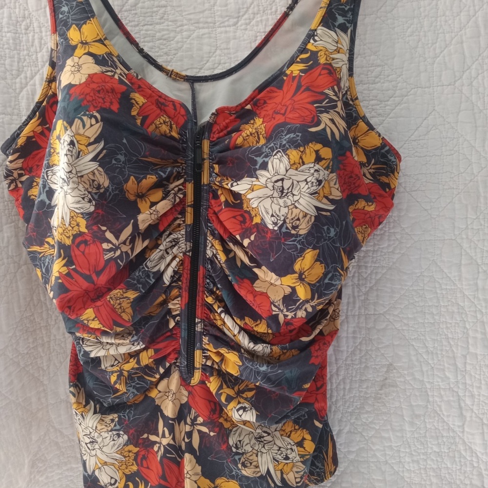 Floral  Zip-Front Swimsuit in Black with Red & Yellow Flowers